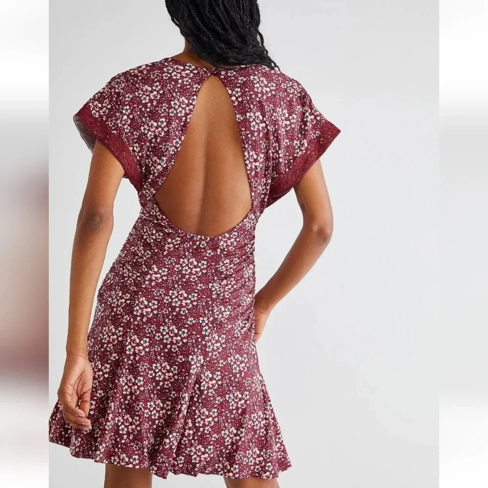 Free People Sweet Talker red Floral lace Boho Cottagecore 90s Mini Dress Size XS - Picture 3 of 16